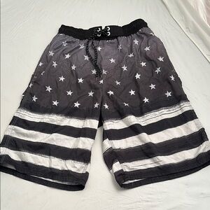 Pacific Scene black gray white Stars and Stripes mesh lined swim trunks